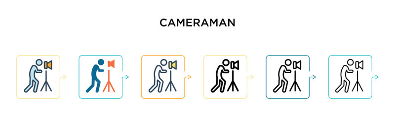 Cameraman vector icon in 6 different modern styles. Black, two colored cameraman icons designed in filled, outline, line and stroke style. Vector illustration can be used for web, mobile, ui