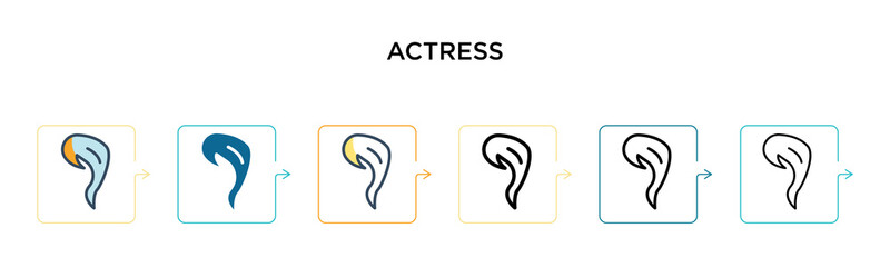 Actress vector icon in 6 different modern styles. Black, two colored actress icons designed in filled, outline, line and stroke style. Vector illustration can be used for web, mobile, ui