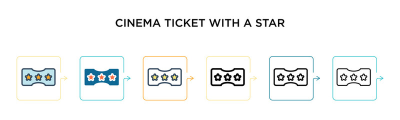 Cinema ticket with a star vector icon in 6 different modern styles. Black, two colored cinema ticket with a star icons designed in filled, outline, line and stroke style. Vector illustration can be