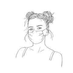 Sketch of teenage girl portrait in medical face mask and with long hair tied in two stylish buns, Vector hand drawn illustration