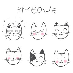 Cute Cat Doodle style illustrations. Set of Funny hand drawn cats.