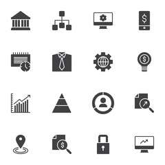 Business and finance vector icons set, modern solid symbol collection, filled style pictogram pack. Signs, logo illustration. Set includes icons as bank building, financial graph diagram, money search