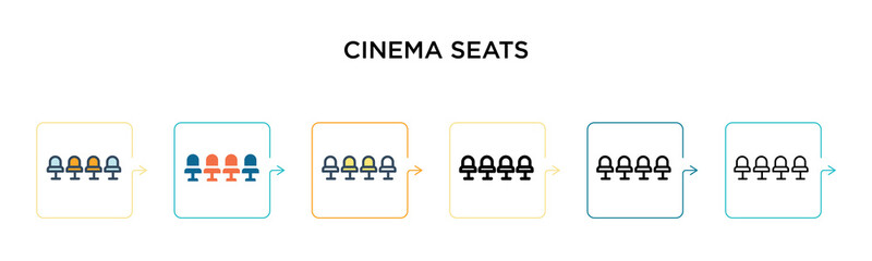 Cinema seats vector icon in 6 different modern styles. Black, two colored cinema seats icons designed in filled, outline, line and stroke style. Vector illustration can be used for web, mobile, ui