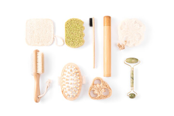 Zero waste cosmetics products on white. Set of ecofriendly bathroom accessories, tools for bath, natural bamboo toothbrush, sponge. Plastic free. Sustainable lifestyle concept. Flat lay, top view