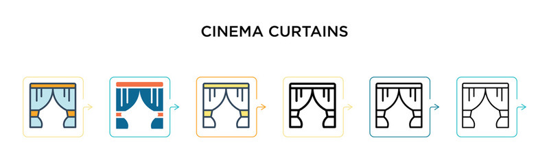 Cinema curtains vector icon in 6 different modern styles. Black, two colored cinema curtains icons designed in filled, outline, line and stroke style. Vector illustration can be used for web, mobile,