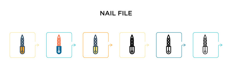 Nail file vector icon in 6 different modern styles. Black, two colored nail file icons designed in filled, outline, line and stroke style. Vector illustration can be used for web, mobile, ui