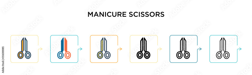 Poster manicure scissors vector icon in 6 different modern styles. black, two colored manicure scissors ico