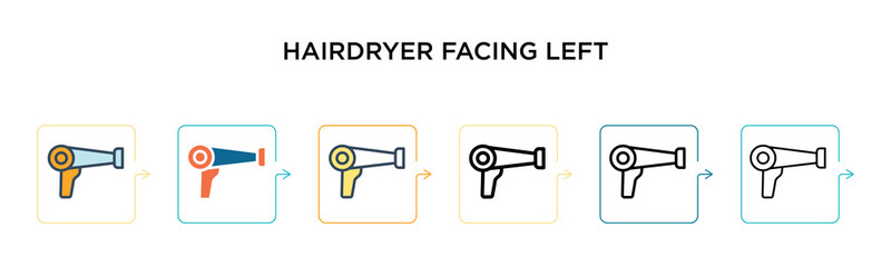 Hairdryer facing left vector icon in 6 different modern styles. Black, two colored hairdryer facing left icons designed in filled, outline, line and stroke style. Vector illustration can be used for