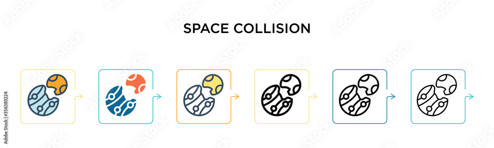 Poster space collision vector icon in 6 different modern styles. black, two colored space collision icons d