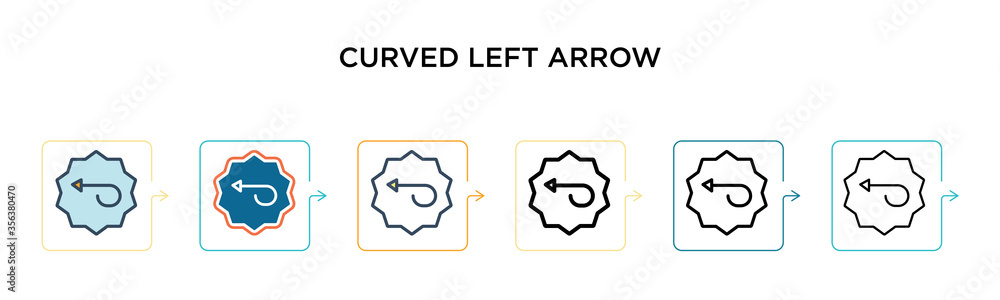 Poster curved left arrow vector icon in 6 different modern styles. black, two colored curved left arrow ico