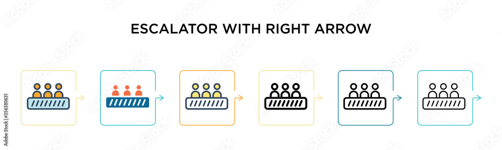 Poster escalator with right arrow vector icon in 6 different modern styles. black, two colored escalator wi