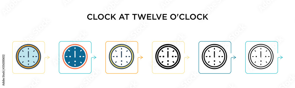 Aufkleber clock at twelve o'clock vector icon in 6 different modern styles. black, two colored clock at twelve