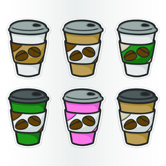 Coffee Take Away Mug Sticker Doodle Icon. Vector Clip art colors. School Tools and Objects Illustrations.