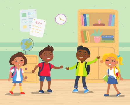 Primary or elementary school kids with backpacks. Smiling male and female students standing in classroom with bookshelf and globe vector illustration. Back to school concept. Flat cartoon