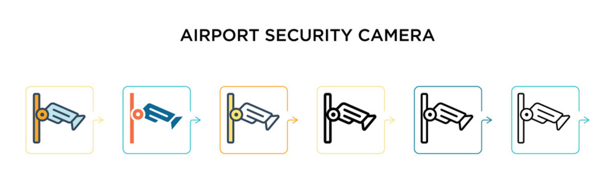 Airport security camera vector icon in 6 different modern styles. Black, two colored airport security camera icons designed in filled, outline, line and stroke style. Vector illustration can be used