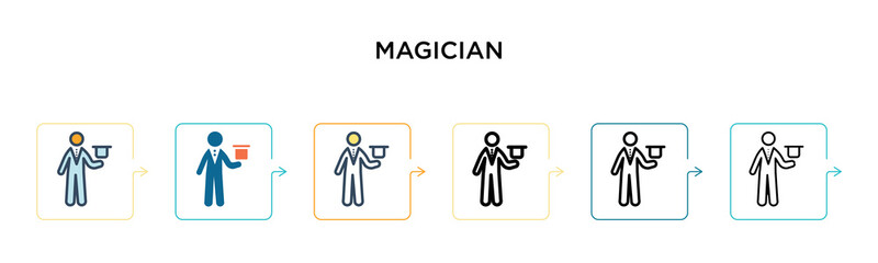 Magician vector icon in 6 different modern styles. Black, two colored magician icons designed in filled, outline, line and stroke style. Vector illustration can be used for web, mobile, ui