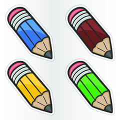Pencil Sticker Doodle Icon. Vector Clip art colors. School Tools and Objects Illustrations.