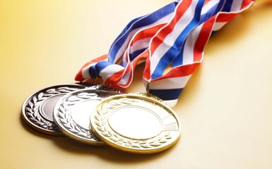 Gold medal, silver medal and bronze medal on yellow background, concept for winning or success