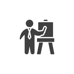 Business presentation vector icon. filled flat sign for mobile concept and web design. Business man presentation with whiteboard glyph icon. Symbol, logo illustration. Vector graphics