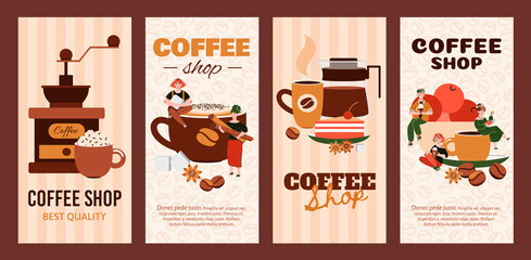 Fototapeta na wymiar Coffee shop vertical banner set with cafe drink making equipment and people sitting on giant cups served with dessert or spices. Cozy beverage flyers, vector illustration