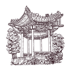 Traditional Korean wooden gazebo near trees.Object of asian architecture hand-drawn with pen and ink. Monochrome vector illustration with a line on a white background. Retro style travel sketch.