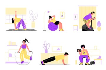 Home workout - set of people doing fitness exercises indoors with sport equipment. Athletes doing cardio, lifting and stretching inside their house, vector illustration.