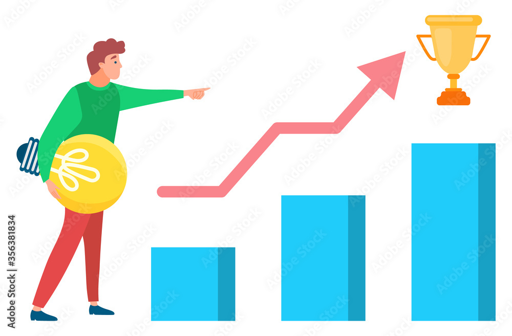 Poster man standing with light bulb near statistics chart and looking on it. business tools for innovations