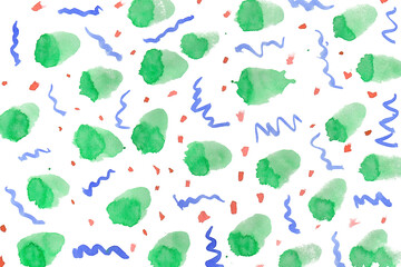 Abstract illustration of watercolor pattern with simple strokes on white background. Hand paint texture with green brushstrokes, blue lines, red dot. Bright naive style. Geometrical backdrop for print