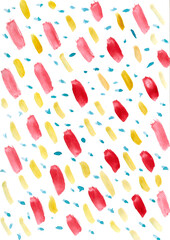 Abstract watercolor pattern on white background. Hand paint texture with red, yellow, blue brushstrokes. Geometrical backdrop for shirt design print, business card, poster, flyer, invitation, banner.