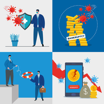 Businessmen With Masks And Money Icon Set Design Of Bankruptcy And Covid 19 Virus Theme Vector Illustration