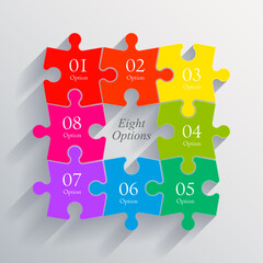 Eight sided 3d puzzle presentation infographic template with explanatory text field for business statistics