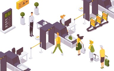 Vector isometric people at airport hand luggage security check counter.