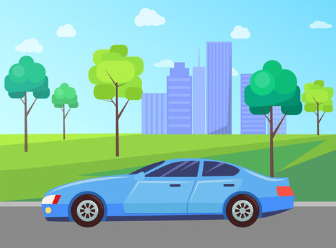 Vehicle and skyscrapers, car on road and cityscape, park meadow vector. City street, transport and urban architecture, trees and grass, highway or route. Automobile in city. Flat cartoon