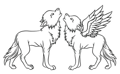 Naklejka na ściany i meble Coloring pages. Cute beautiful two winged wolves stands and howling. coloring book