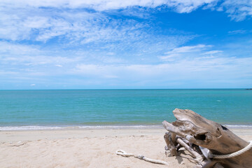 Fototapeta na wymiar Soft waves with driftwood on the beautiful beach and blue sky at the Gulf of Thailand.