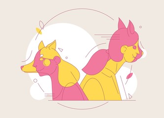 People characters with animal faces overlapping. Pink and yellow outline concept illustration for pets love like dogs and cats.