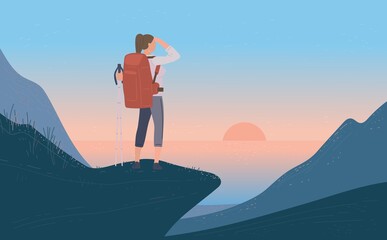 Woman with backpack standing his back of mountain and looking on sea, sunrise. Concept of hiking, adventure tourism, travel and discovery. Explorer or traveller flat vector illustration.