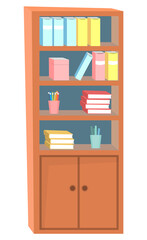 Bookshelf with many books and stationery. Bookcase made of brown wood or mahogany. Wooden furniture for classroom or home cabinet vector illustration