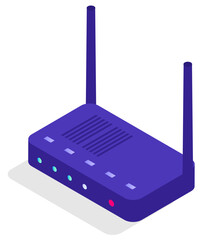 Modem for access to internet vector, router for connection isolated icon. Device with antenna and lights indicating status of signal, system for database work. Illustration in isometric 3d style
