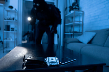 Robber breaking in an apartment ready to steal