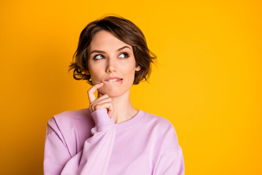 Close-up portrait of her she nice attractive lovely pretty cute curious smart clever cheery girl making decision overthinking isolated on bright vivid shine vibrant yellow color background