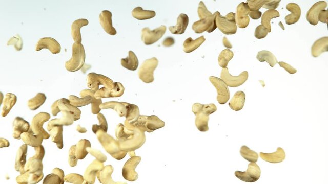 Super slow motion of flying cashews nuts collision. Filmed on high speed cinema camera, 1000 fps.