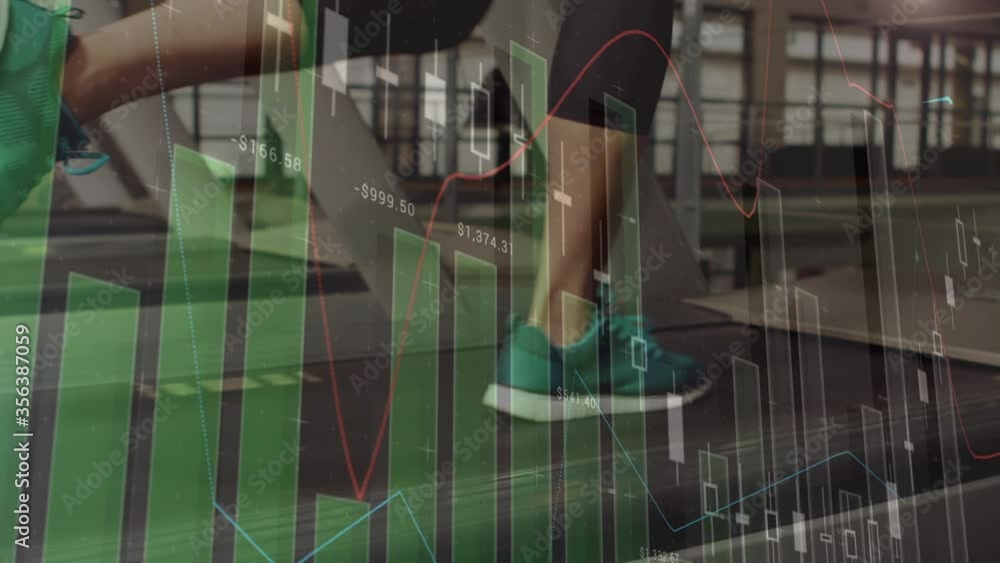 Poster animation of data processing with female athlete running on treadmill