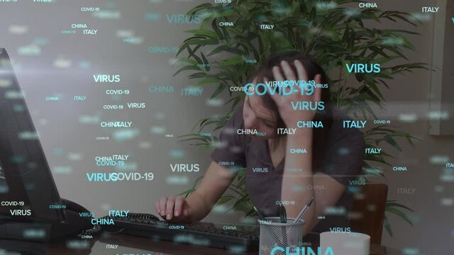 Animation of the words Virus, Covid-19, Italy and China written over tired female student using lapt