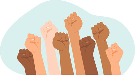 Protesters hands. Multiracial fists hands up vector illustration. Concept of unity, revolution, fight, cooperation. - 356387611