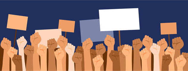 Protesters hands holding banners with copy space. Strike, revolution, conflict vector background.Strike political protester and demonstration. - obrazy, fototapety, plakaty
