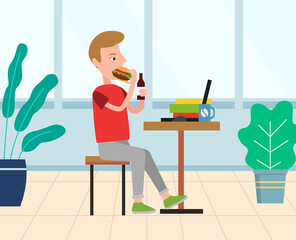 Man eating sandwich and drinking coffee on workplace, worker break in office. Employee character looking at monitor of laptop, houseplant indoor vector