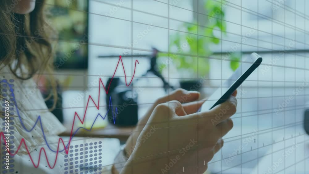 Poster animation of businesswoman using a smartphone in an office with financial data processing