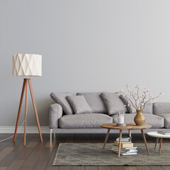 Living room interior with grey sofa, two coffee tables on the carpet and the floor lamp. Empty gray...