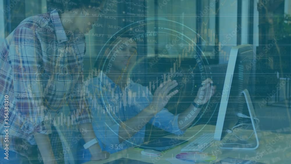 Poster animation of businesswoman and businessman using a computer with financial data processing